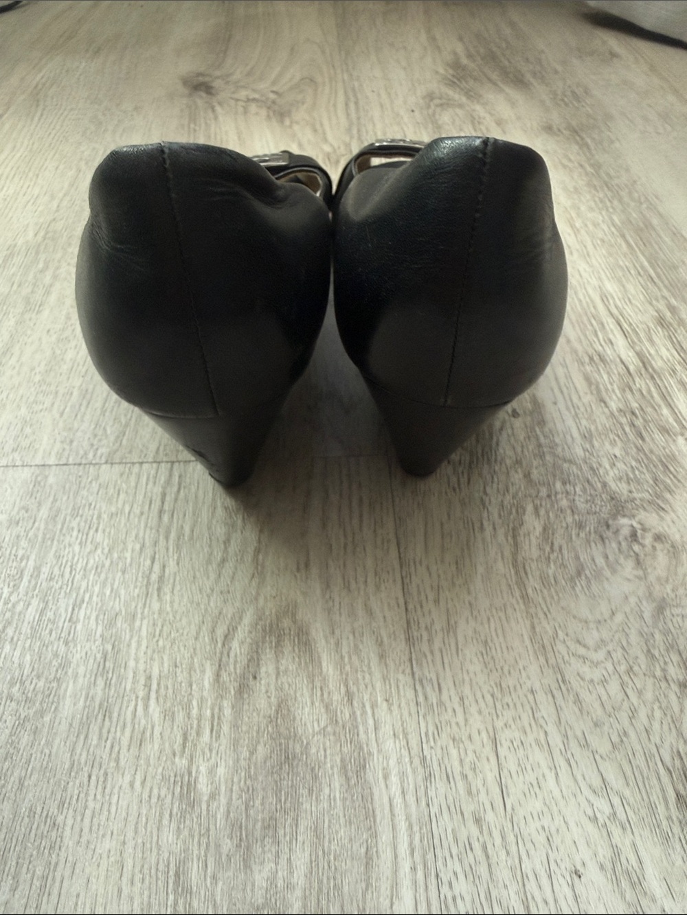 Coach Black Peep-Toe Wedge Pumps with Silver Logo Accent - Picture 4 of 7